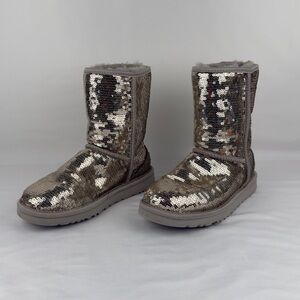 UGG Classic Short Sequin Sparkle Boots Silver Womens US 5